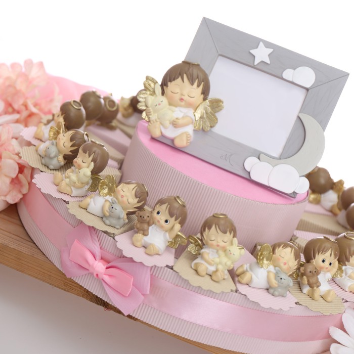Tris Statuine Angioletti Bomboniere Battesimo Con Peluche Su Torta