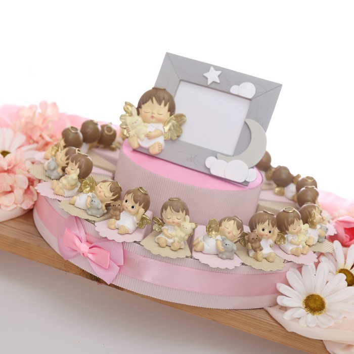 Tris Statuine Angioletti Bomboniere Battesimo Con Peluche Su Torta