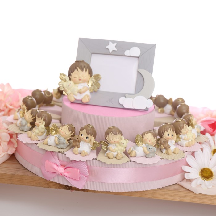 Tris Statuine Angioletti Bomboniere Battesimo Con Peluche Su Torta