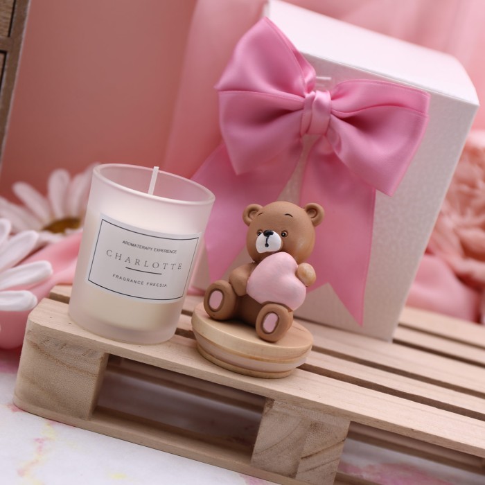 Battesimo bimba Orsetto con cuore candela profumata bomboniera dettaglio bomboniera