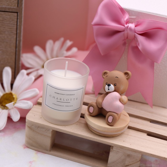 viale magico bomboniere Battesimo bimba Orsetto con cuore candela profumata