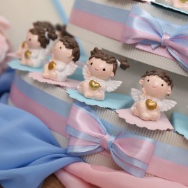 Bomboniere per Battesimo e Prima Comunione gemellini fratello e sorella confezionata su torta portaconfetti