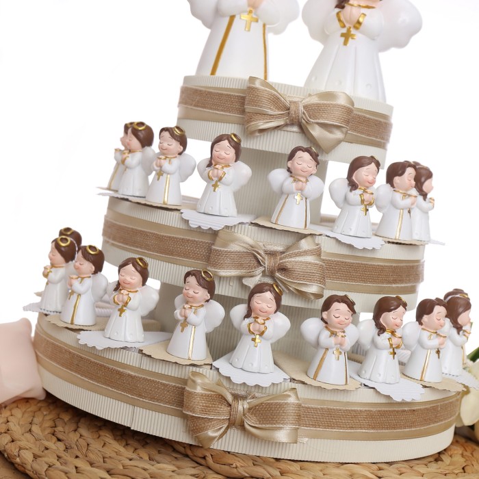 Torta Portaconfetti angeli Rosario bimbo e bimba per Bomboniere Prima Comunione vmb