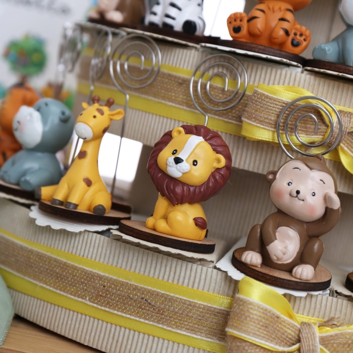 Memoclip leone, tigre, giraffa, zebra, ippopotamo, scimmietta confezionati come bombonire nascita e battesimo