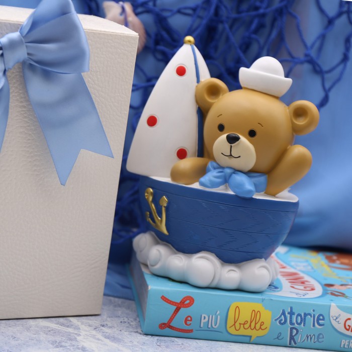 Salvadanaio Orsetto Marinaio Bomboniera Battesimo in Scatola da Cerimonia