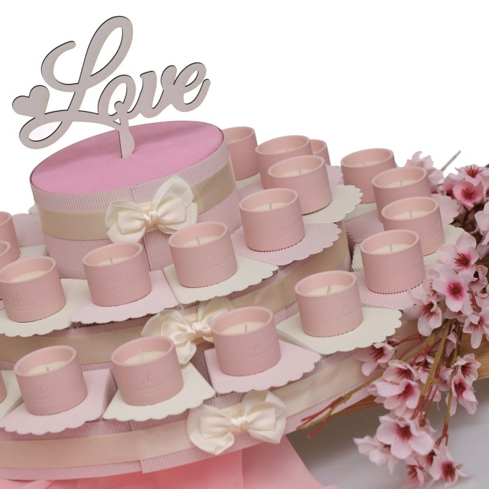Candele profumate su Torta Bomboniere Comunione in porcellana Rosa