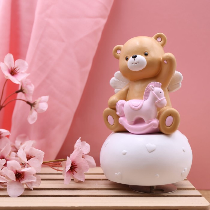 Bimba Battesimo bomboniera Orsetto rosa con ali e Carillon confezionato