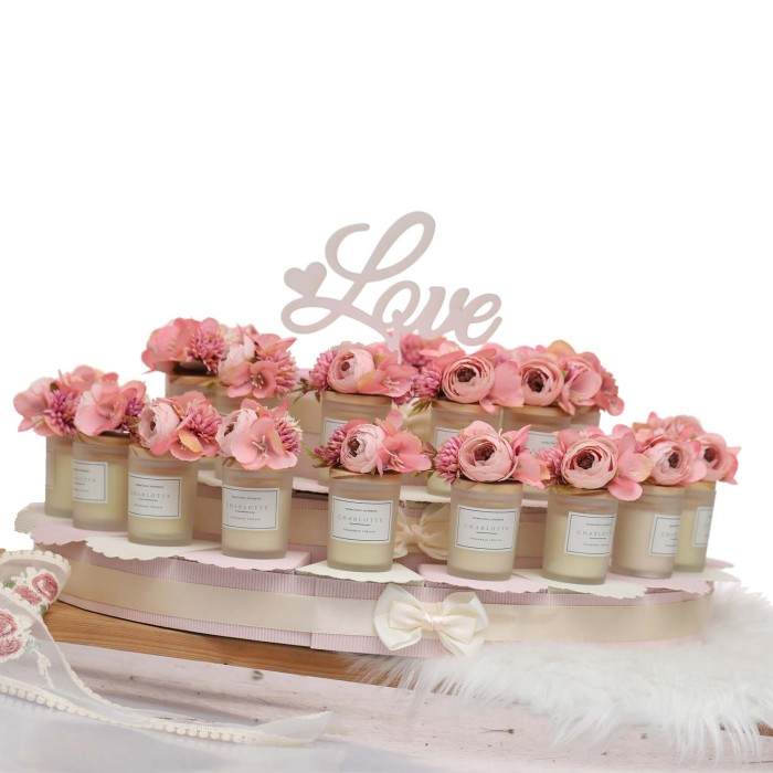 Bomboniere candele profumate con pick di fiori rosa per Battesimo bimba, Prima Comunione o Matrimonio
