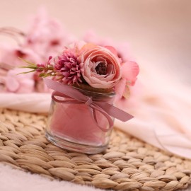 Confettata vasetto in vetro con Fiori Rosa per Battesimo Bimba