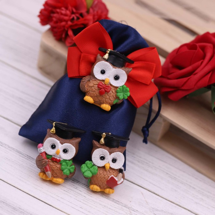 Bomboniera Gufetto Laureato con quadrifoglio su Sacchetto con Confetti