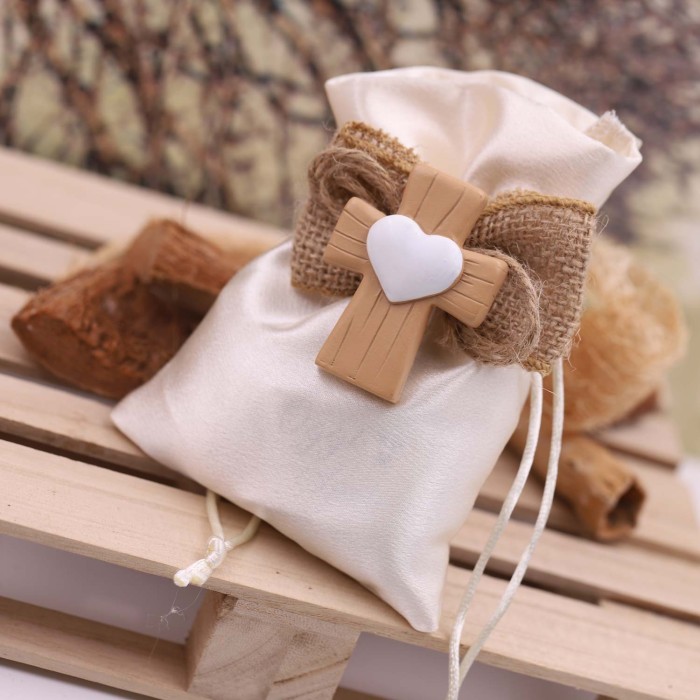 Croce con cuore bomboniera Comunione sacchetto portaconfetti Croce con cuore bomboniera Comunione sacchetto portaconfetti