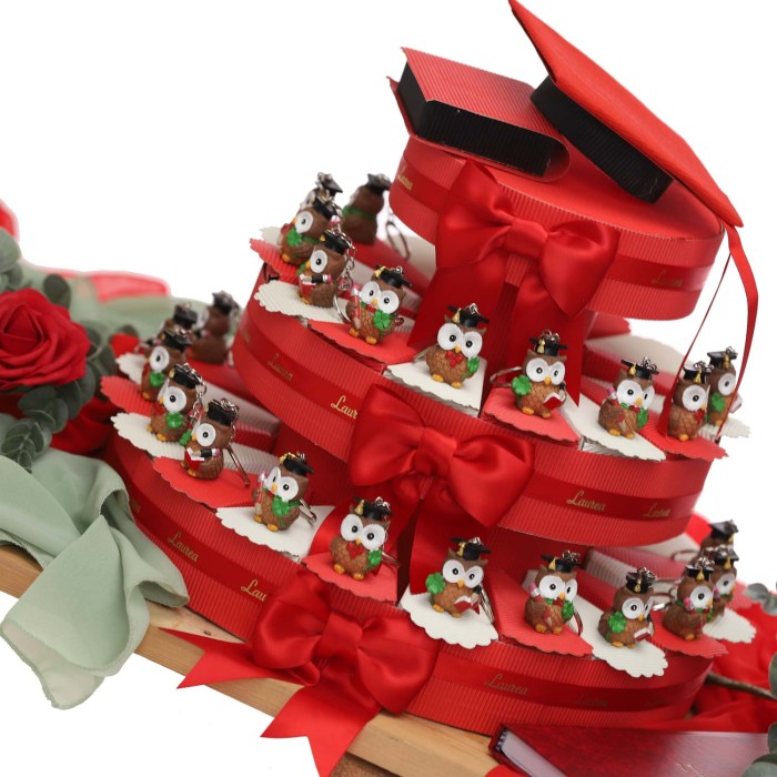 Design Raffinato: Portachiavi con gufetti, cappellino di laurea e quadrifoglio, altezza 5 cm.
