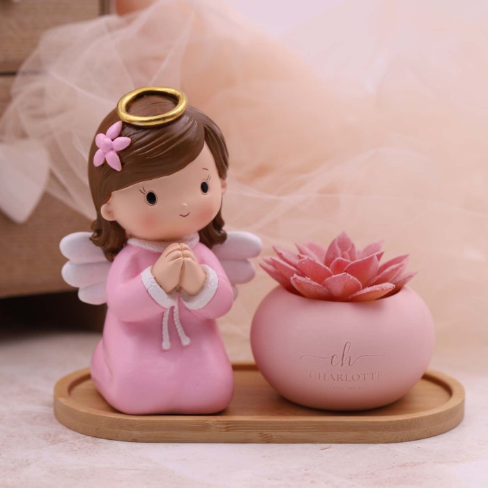 Bimba Cherubino e Piantina Rosa - Bomboniere Comunione Bimba Cherubino e Piantina Rosa - Bomboniere Comunione