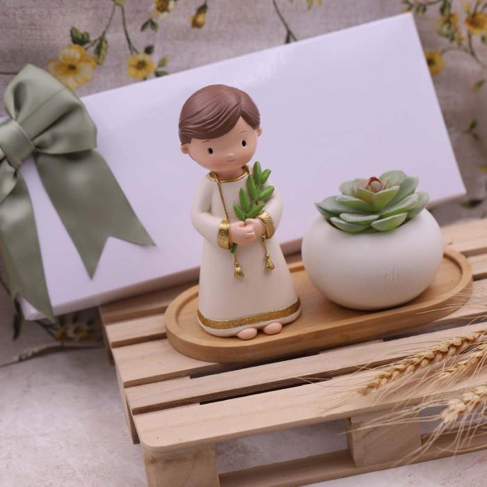 Elegante Set Statuina e Piantina Sacro Ulivo per Bimbo con confetti e bigliettini personalizzati