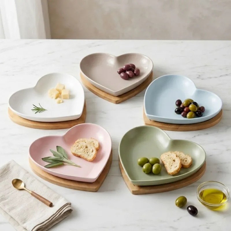Elegante Antipastiera a Cuore in Ceramica con Base in Legno - Bomboniera Utile