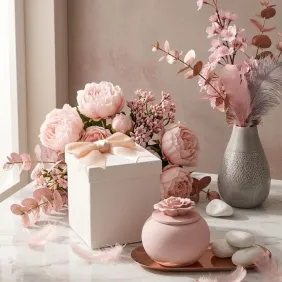 candela in porcellana rosa con fiore
