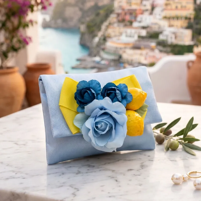 Bomboniera Matrimonio Stile Amalfi: Pochette in Raso con Limoni e Fiori