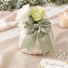 Bomboniera Sacchettone Maxi Avorio con Fiocco Verde Salvia e Rose