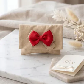 Bomboniera Pochette in Cotone Sabbia con Fiocco Personalizzabile