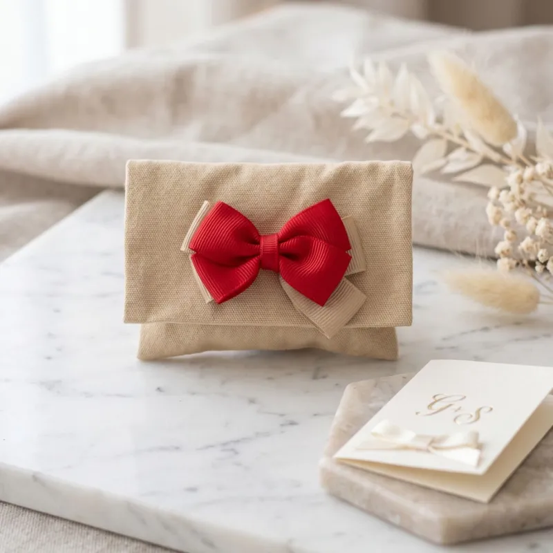Bomboniera Pochette in Cotone Sabbia con Fiocco Personalizzabile
