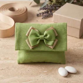 Bomboniera Pochette in Cotone Verde con Fiocco e Bigliettino Personalizzabili