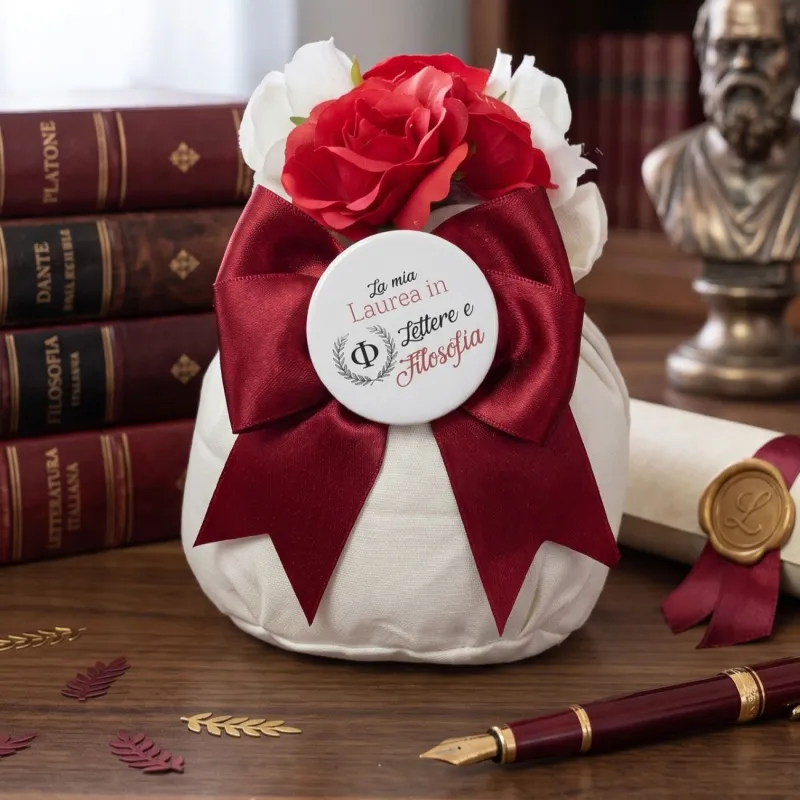 Bomboniera Laurea: Sacchettone Panna con Bouquet e Magnete Personalizzato
