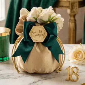 Elegante sacchettone oro e verde con magnete personalizzato e fiori
