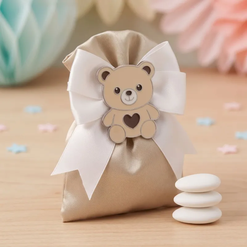 Bomboniera Sacchetto con Magnete Teddy in Metallo - Nascita e Battesimo