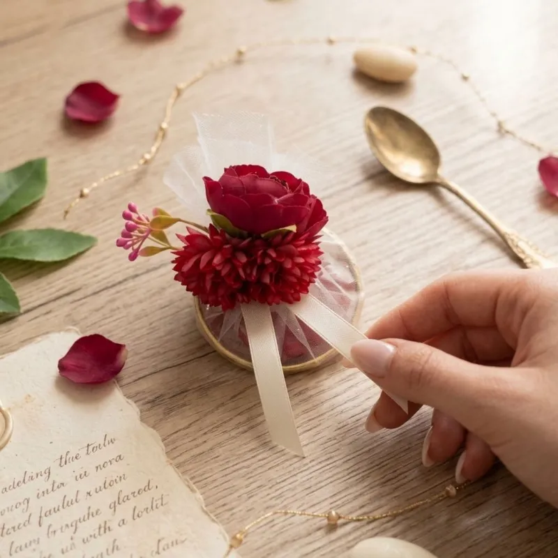 Portaconfetti Elegante con Anello Oro, Fiori Rossi e Velo Bianco – Bomboniera Personalizzabile