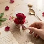 Portaconfetti Elegante con Anello Oro, Fiori Rossi e Velo Bianco – Bomboniera Personalizzabile