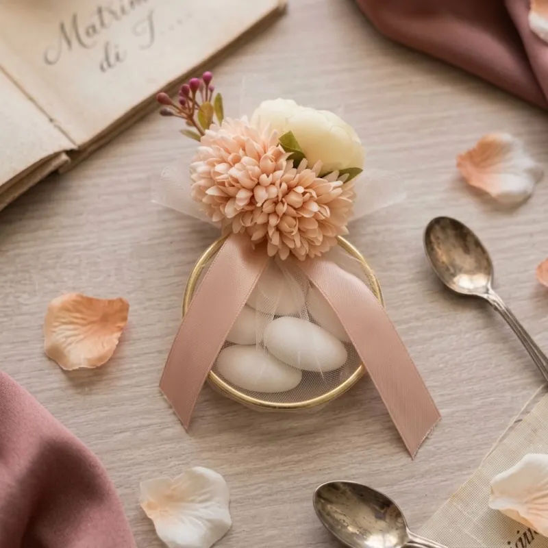 Portaconfetti Anello Dorato con Velo e Fiori Tonalità Pesca – Bomboniera Completa Personalizzabile