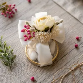 Bomboniera Matrimonio Elegante con Anello Oro, Velo Bianco e Bouquet Floreale