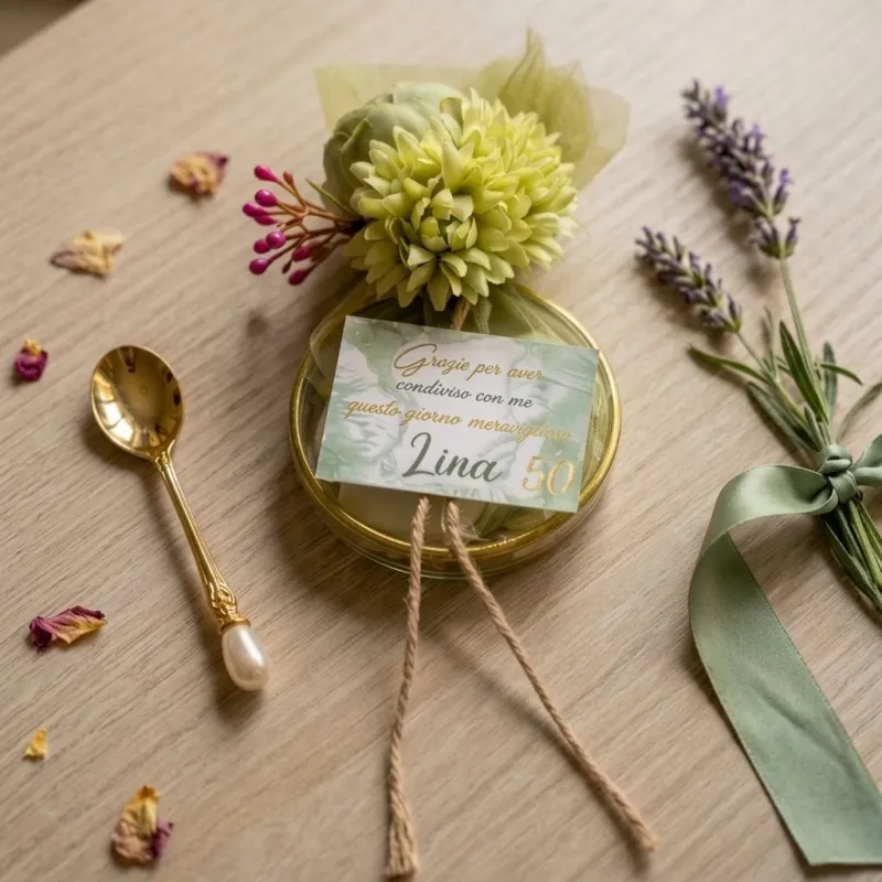 Elegante Portaconfetti con Anello Oro, Velo e Fiori Verde Salvia