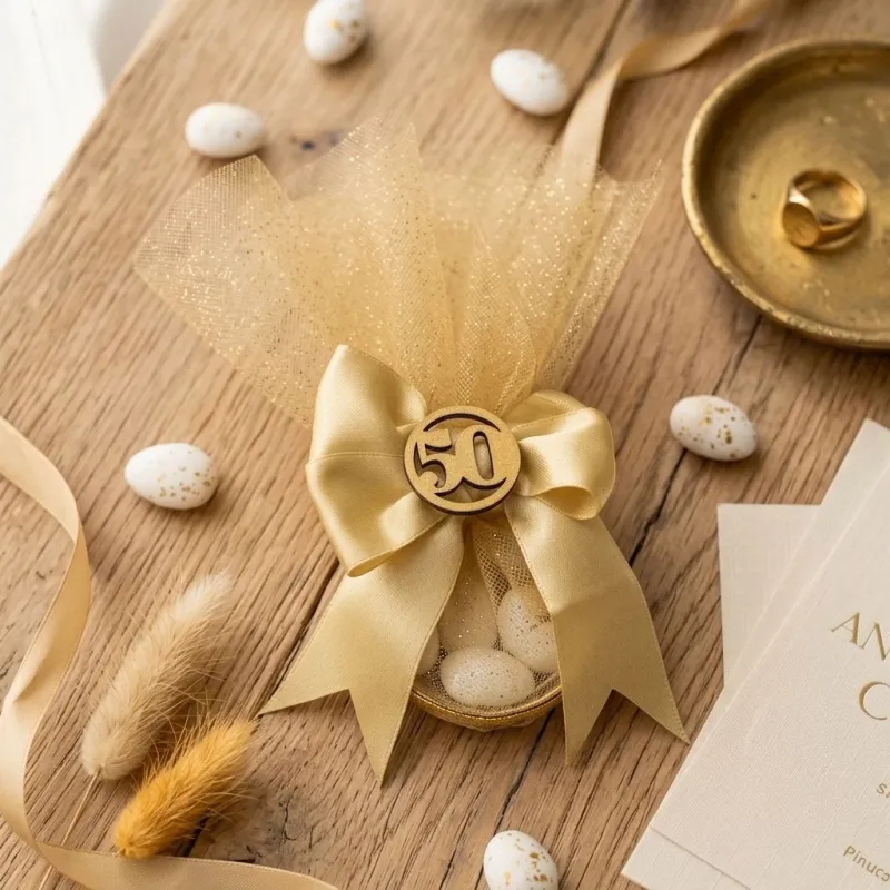 Portaconfetti Anello Oro con Numero 50 in Legno | Nozze d'Oro e Compleanno