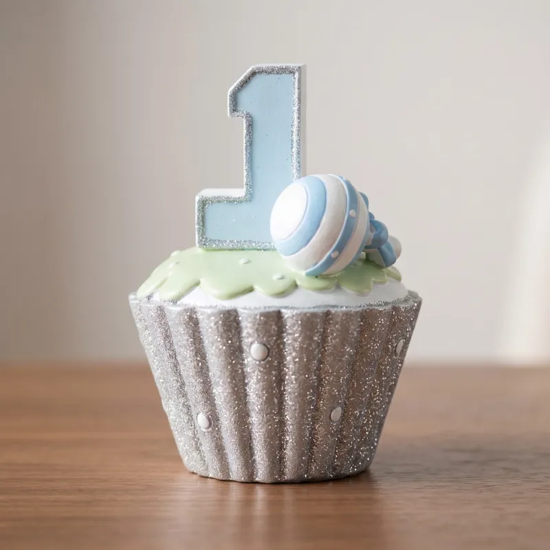Bomboniera Primo Compleanno Bimbo Cupcake Resina 8 cm Fai da Te Celeste Glitter