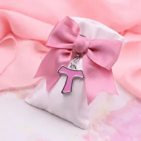 Bomboniera Sacchetto con Portachiavi Croce Tau Rosa