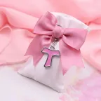 Bomboniera Sacchetto con Portachiavi Croce Tau Rosa