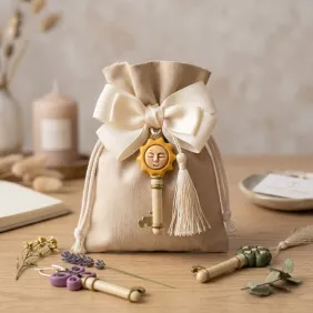 Bomboniere Chiavi Portafortuna Assortite (Sole, Farfalla, Quadrifoglio) con Sacchetto Personalizzabile