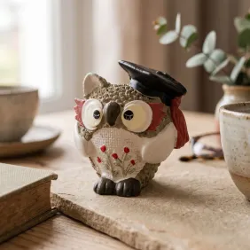 Bomboniera Laurea Fai da Te Statuina Gufetto con Occhiali Rossi e Tulipani