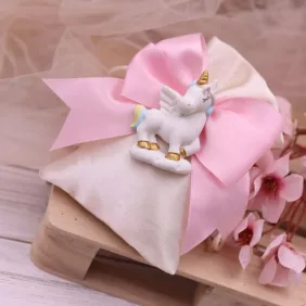 Bomboniera Bimba Sacchetto con Magnete Unicorno in Resina