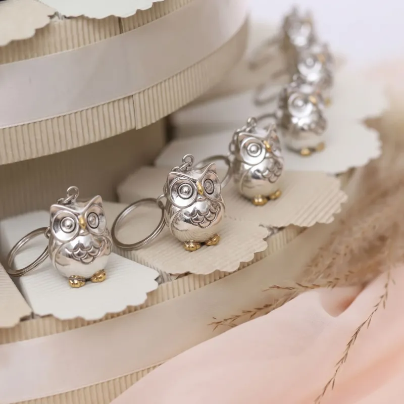 Torta Bomboniere Portachiavi Gufetto Argento – Personalizzabile con Confetti e Bigliettino