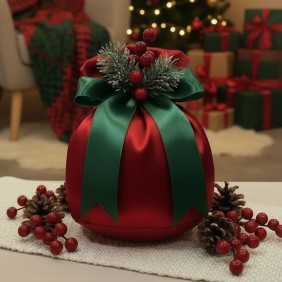 Sacchetto maxi Natalizio in raso con fiocco verde e bacche