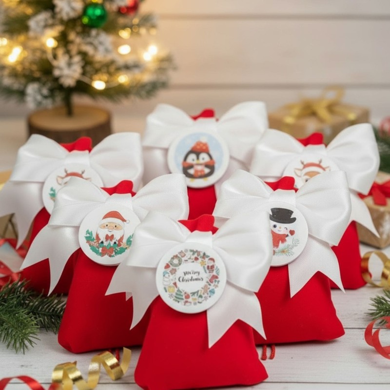 Bomboniera natalizia sacchetto con fiocco e teneri magneti