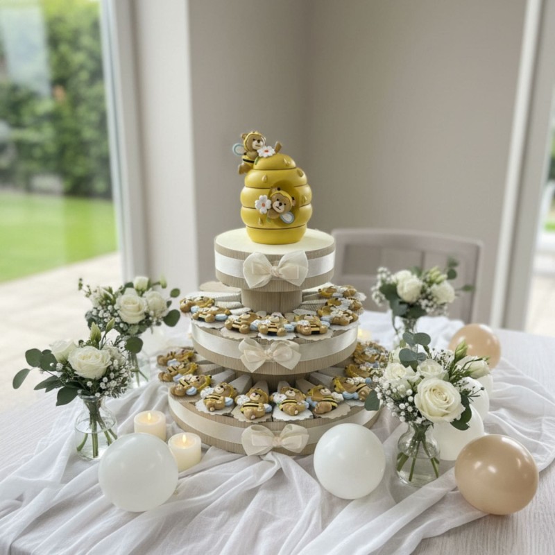 Torta di bomboniere con magnete ape e margherite – per nascita o battesimo