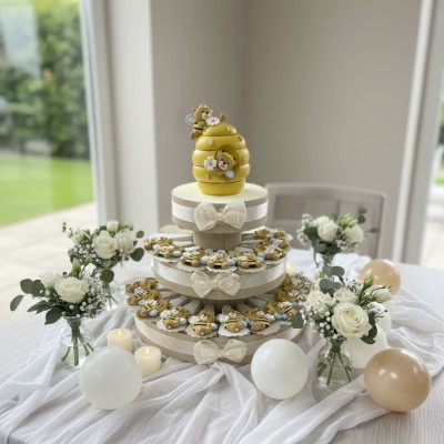 Torta di bomboniere con magnete ape e margherite – per nascita o battesimo