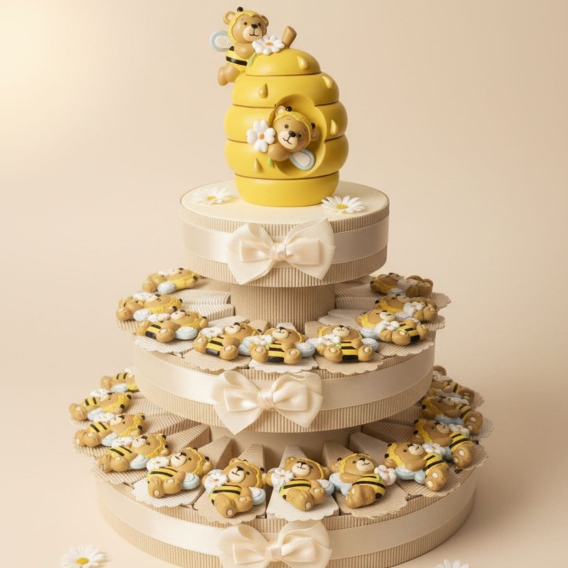 Torta di bomboniere con magnete ape e margherite – per nascita o battesimo