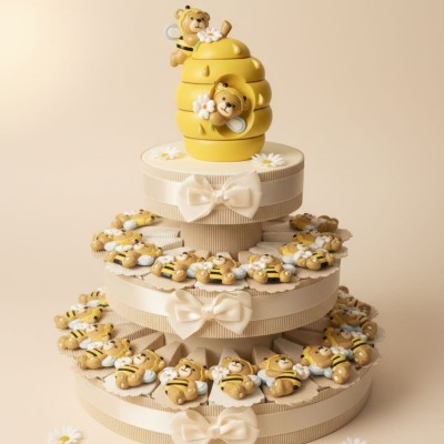 Torta di bomboniere con magnete ape e margherite – per nascita o battesimo