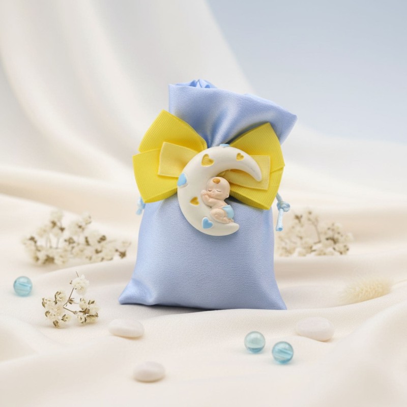 Torta bomboniere Sacchetti in raso azzurro con bimbo dormiglione