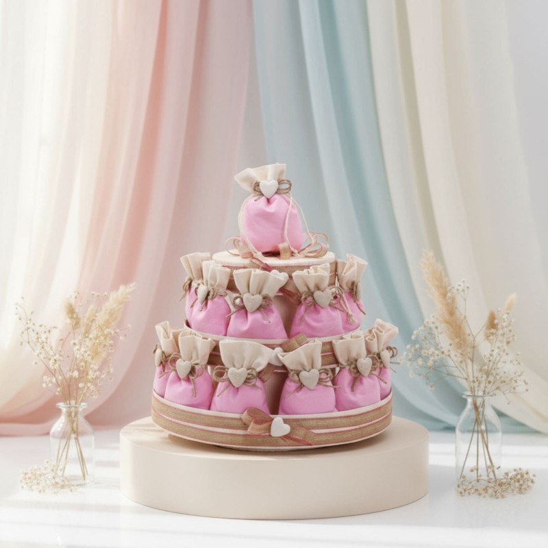 Sacchetti con Cuore su Torta Alzatina per Bimba Basic