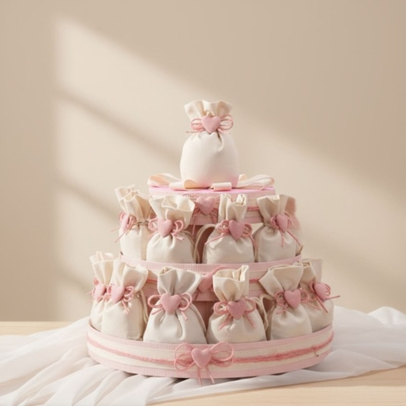 Torta Sacchetti Avorio con Cuore Rosa Basic